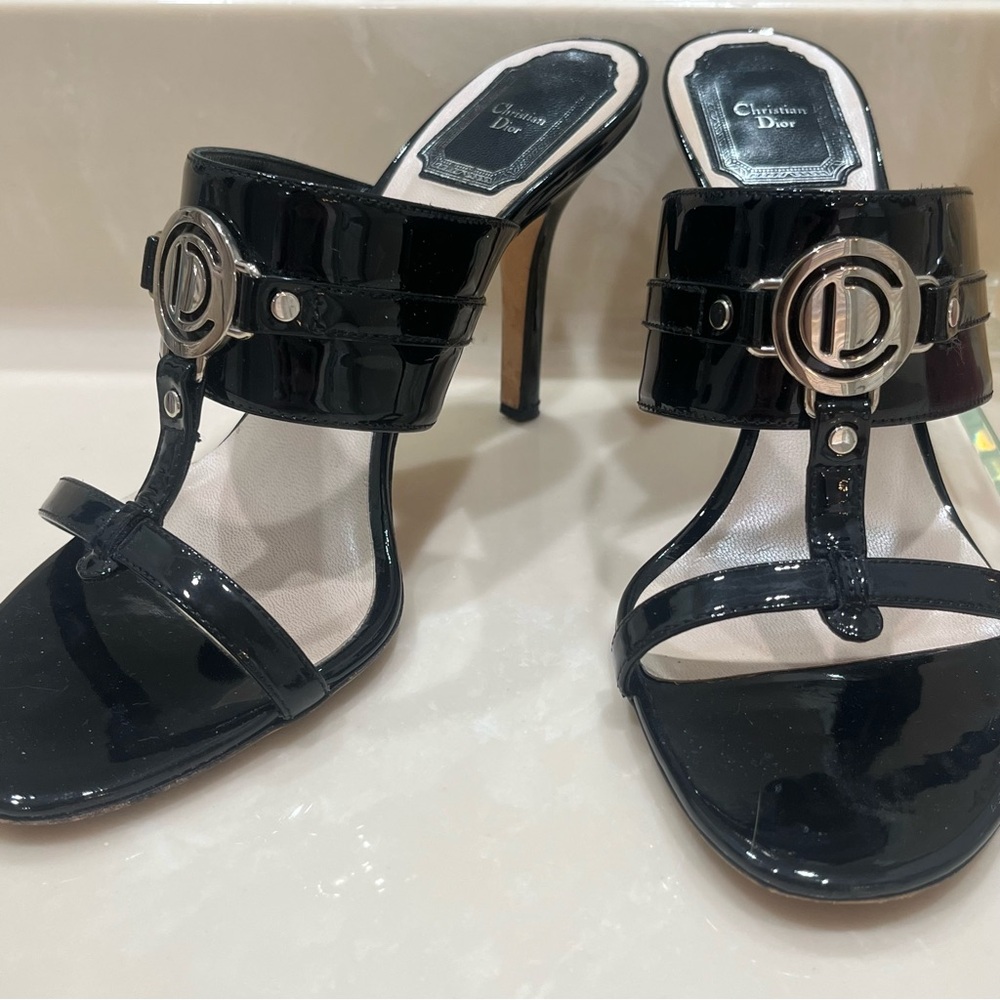Vintage 90s/Y2K Christian Dior Black Silver Tone
Patent Leather Heel Mule Sandal